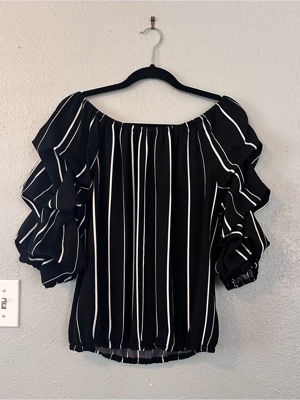 Vince Camuto Black and White Vertical Stripe Off-Shoulder Ruffle Top